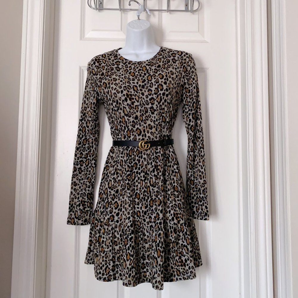 Zara Women Tan/black Tired Long Sleeves Pullover Knit Leopard Print Dress